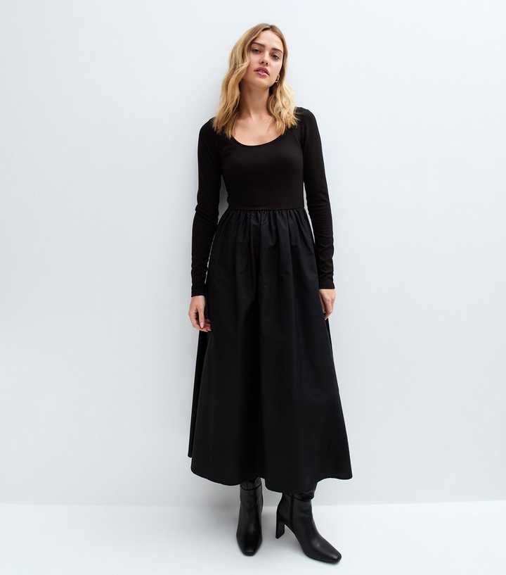 Black Long Sleeved Poplin Midi Dress | New Look