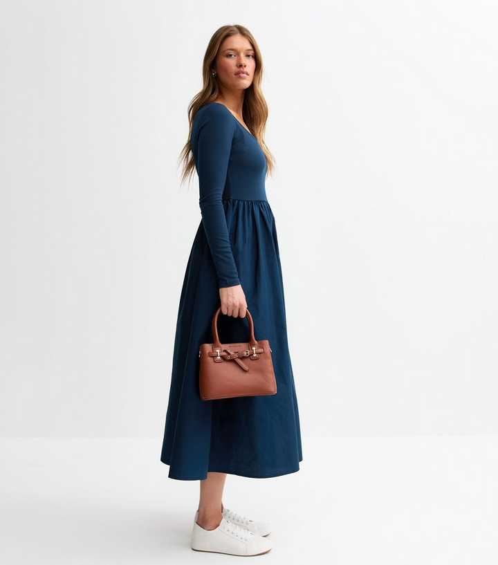Navy Long Sleeved Poplin Midi Dress