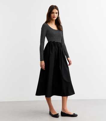 Black Stripe Print Poplin Midi Dress