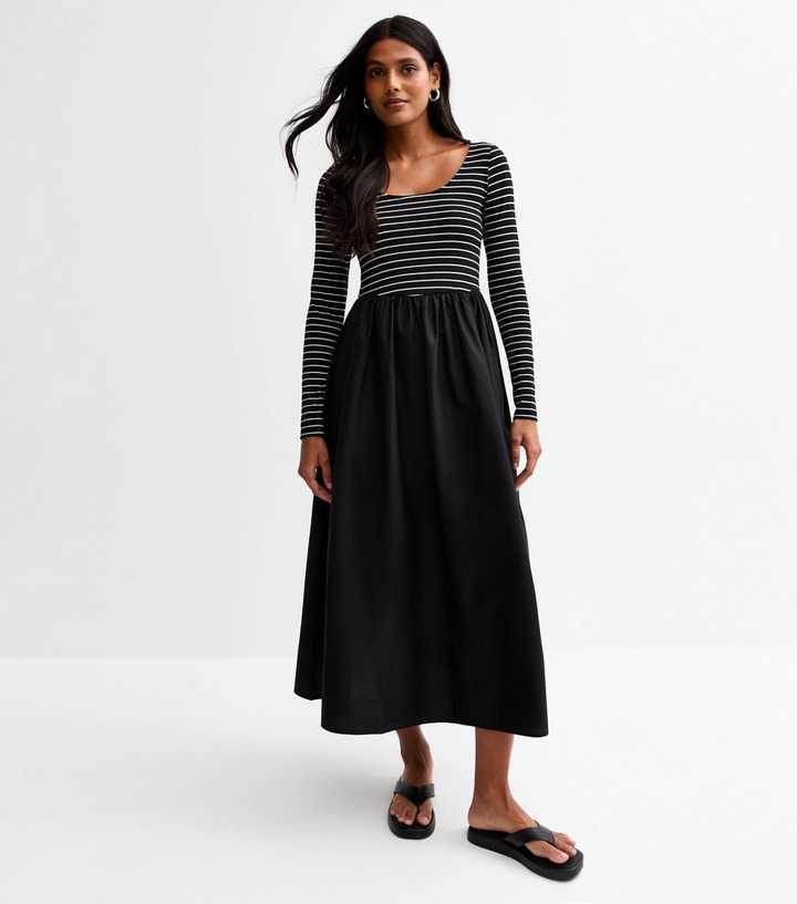 Black Stripe Print Poplin Midi Dress