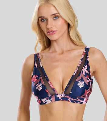 South Beach Blue Floral Print Triangle Bikini Top