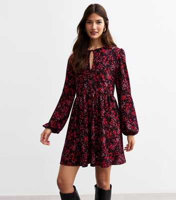 Red Floral Print Crinkled Long Sleeve Dress