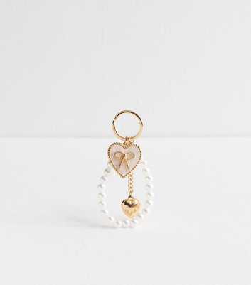 Gold Tone Faux Pearl Heart Locket Bag Charm