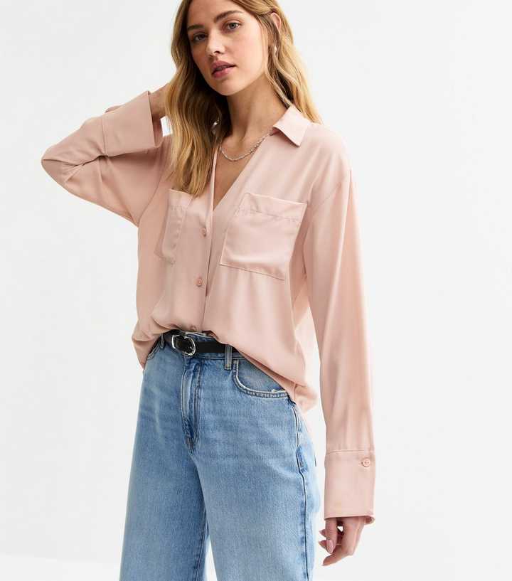 Pink V-Neck Curved Hem Shirt