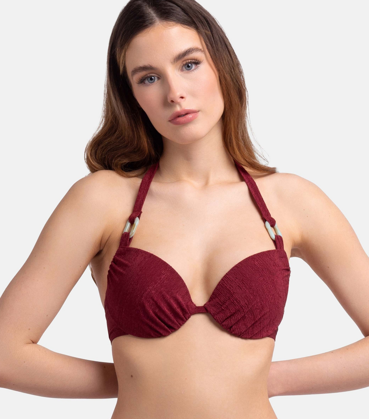 Women's Dark Red Textured Halterneck Bikini Top Dorina New Look