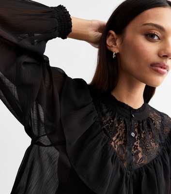 Black Lace Yoke Frilly Trim Sheer Chiffon Top