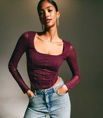 Burgundy Long Sleeve Mesh Corset Top