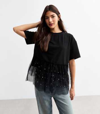 Black Faux Pearl Tulle And Jersey T-Shirt