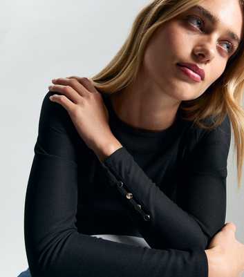 Black Button Detail Ribbed Top