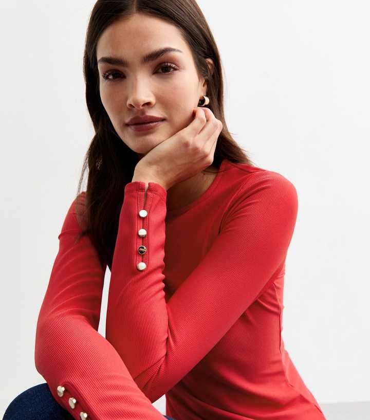 Dial Button Ribbed Red Button Detail Ribbed Top | New Look