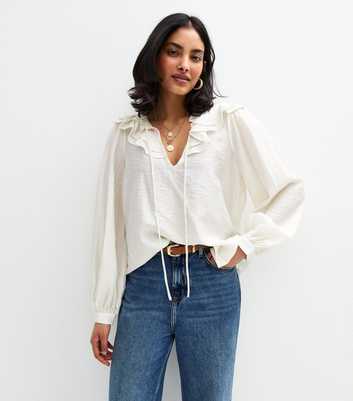 White Frill Trim Tie Neck Blouse