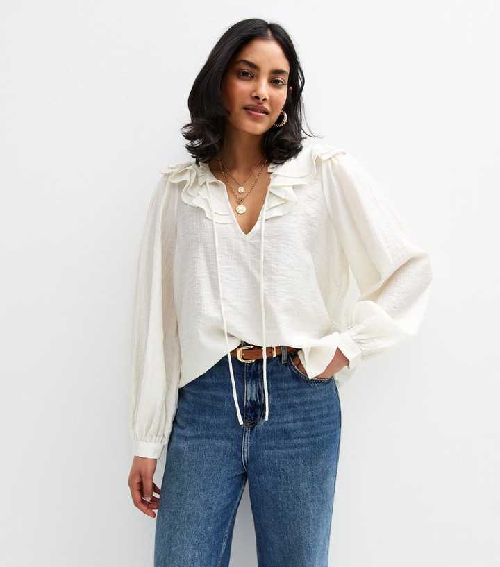 White Frill Trim Tie Neck Blouse