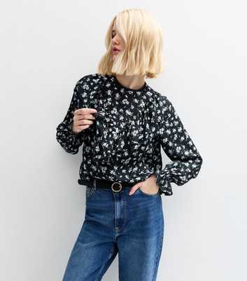 Blue Floral Print Frill Yoke Blouse