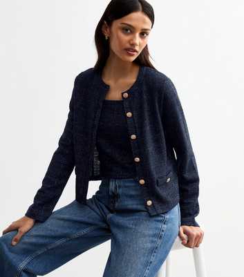 Navy Sparkle Textured Button Detail Cardigan