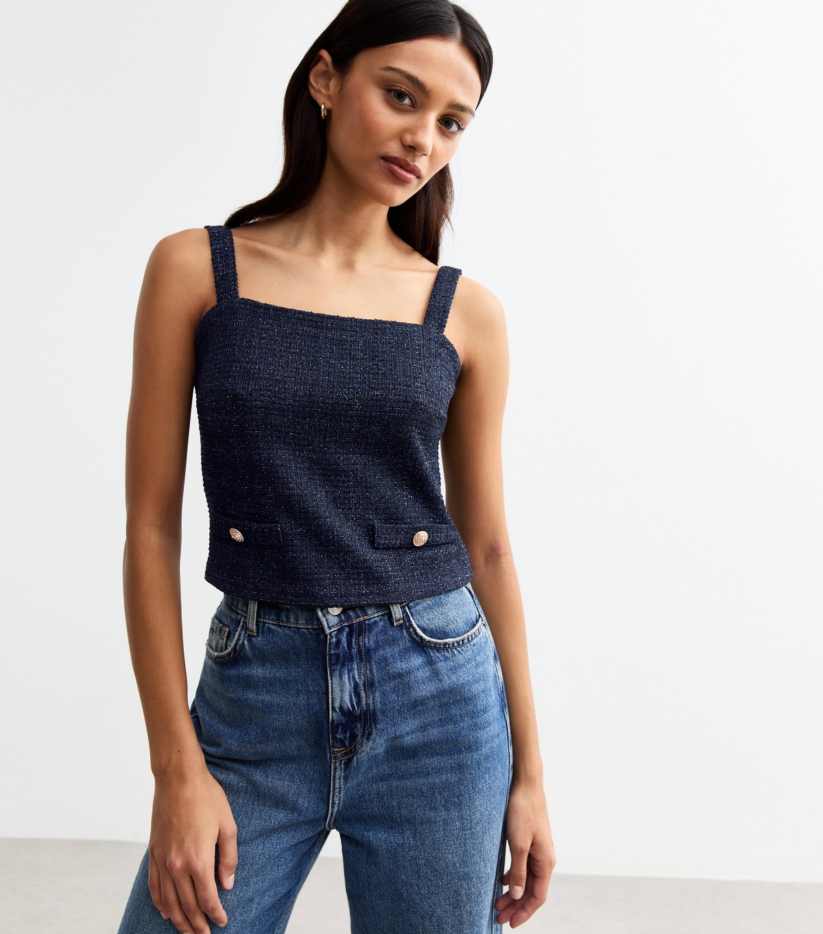 Women's Navy Sparkle Boucle Wide Strap Top New Look