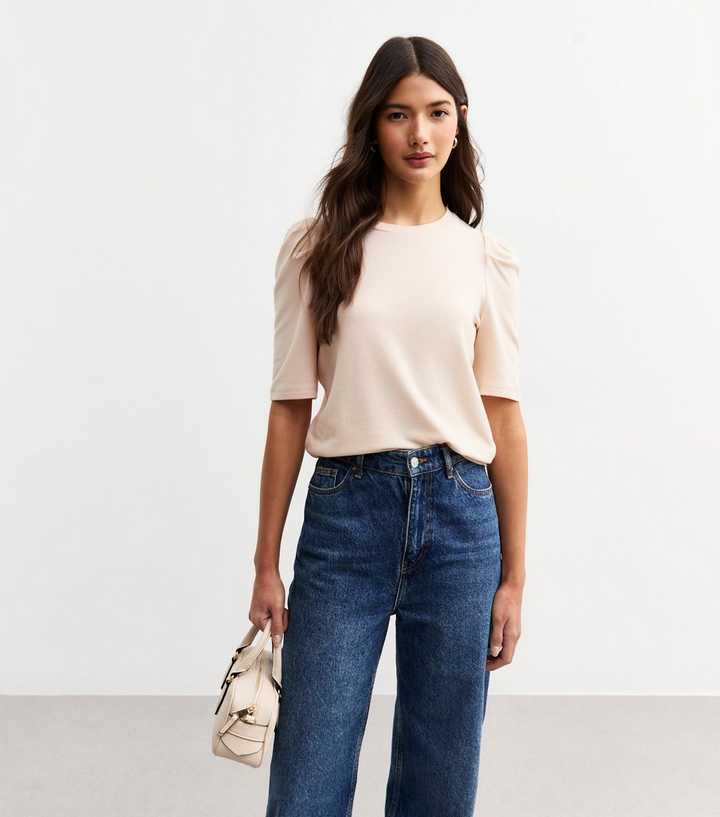 Cream Gathered Puff Sleeve Soft Touch Top 