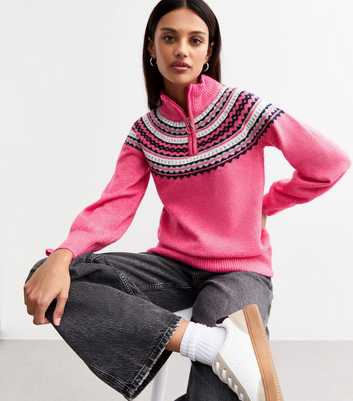 Sunshine Soul Pink Fairisle Zipped Neck Jumper