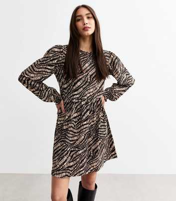 Brown Abstract Print Mini Smock Dress