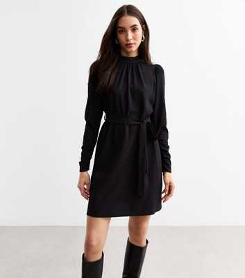 Black Crinkle Textured Long Sleeve Mini Dress