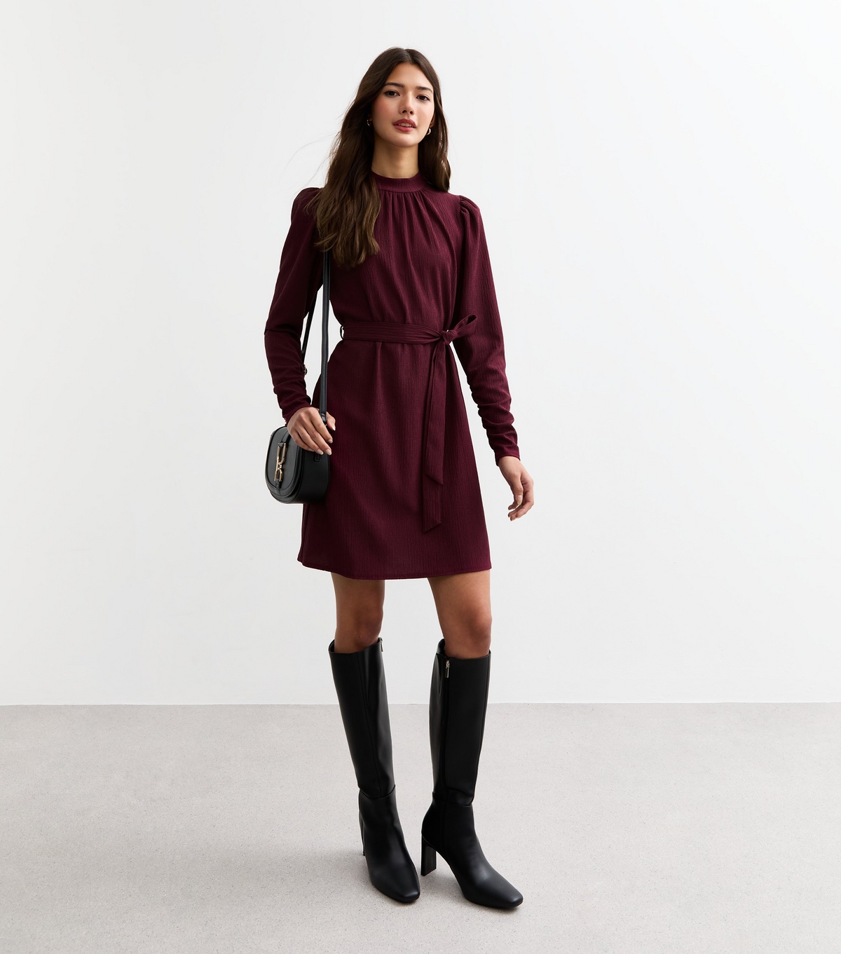 Women's Burgundy Crinkle Textured Long Sleeve Mini Dress New Look