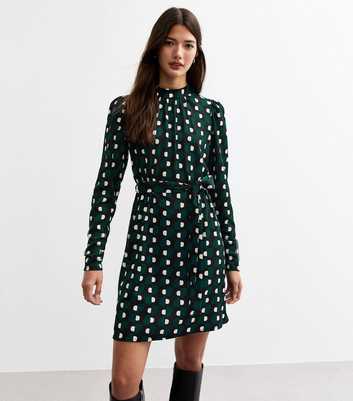 Green Patterned Crinkled Jersey Mini Dress