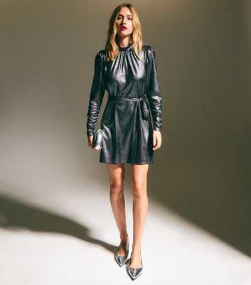 Dark Grey Metallic Jersey Long Sleeve Mini Dress