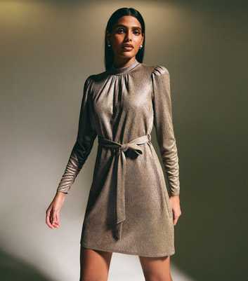 Gold Metallic Jersey Long Sleeve Mini Dress