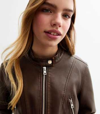 Girls Brown Faux Leather Biker Jacket