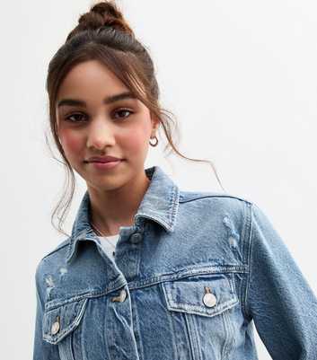 Girls Blue Cropped Distressed Denim Jacket