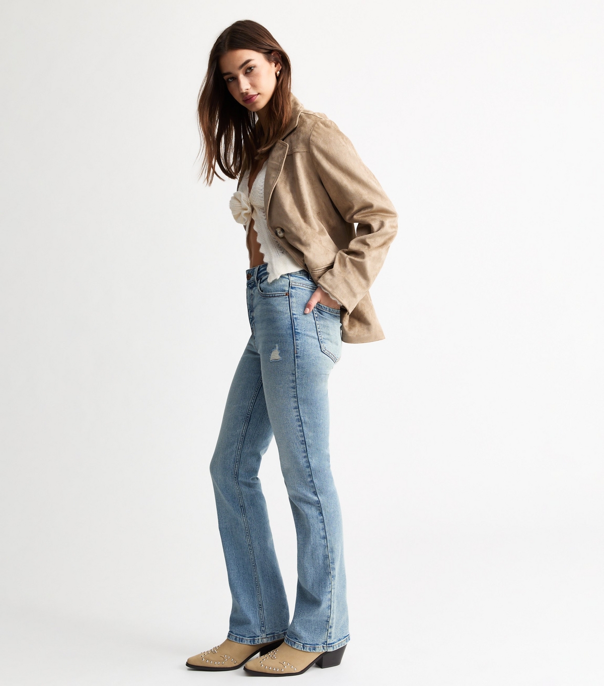 Women's Blue Ripped Detail High Rise Flare Jeans New Look