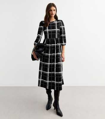 Black Checked Crinkled Texture Midi Dress