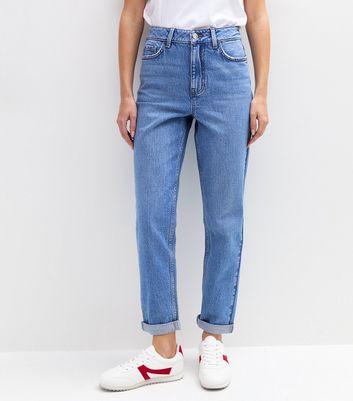 Blue Folded Cuff Mom Jeans