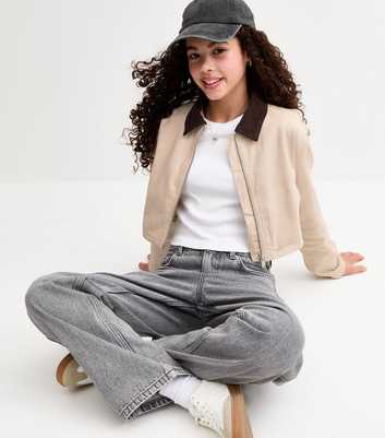 Girls Off White Contrast Collar Cropped Barn Jacket