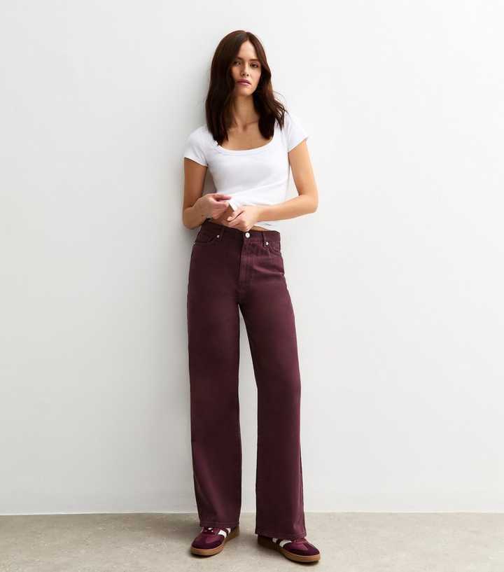 Dark Burgundy Adalae High Waisted Wide Leg Jeans