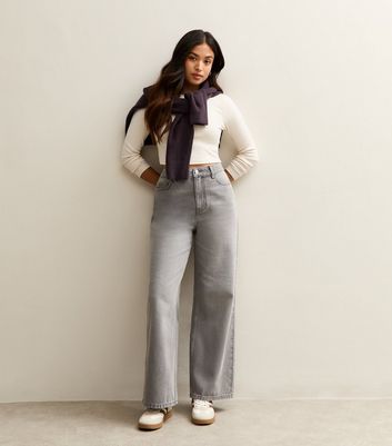 Petite Light Grey High Waist Adalae Wide Leg Jeans New Look