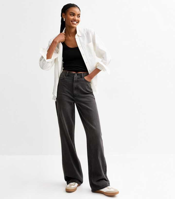 Tall Washed Black High Waist Adalae Wide Leg Jeans