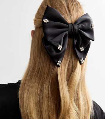 Black Satin Diamanté Flower Bow Hair Slide