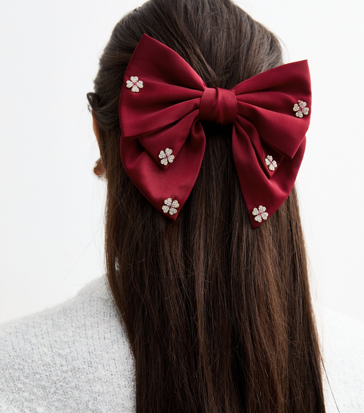Burgundy Satin Diamanté Flower Bow Hair Slide New Look