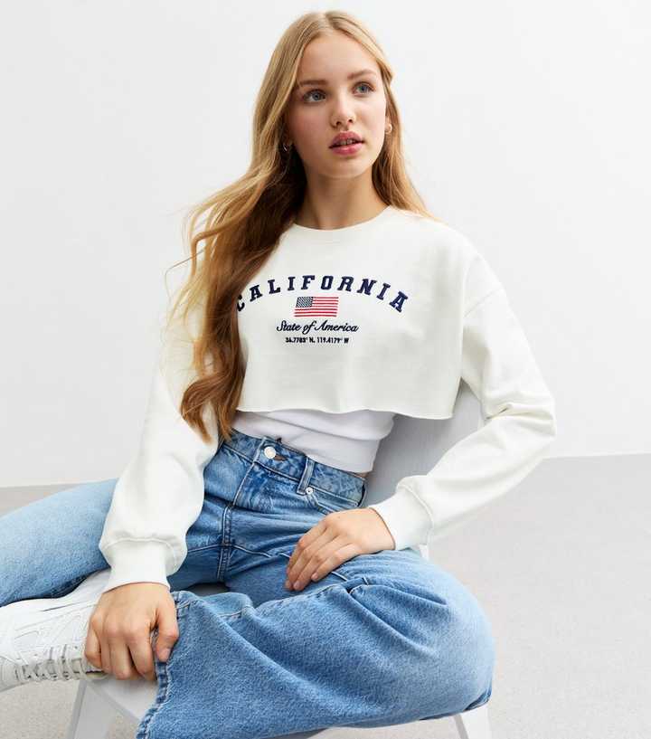 Girls White California Embroidered Cropped Sweatshirt
