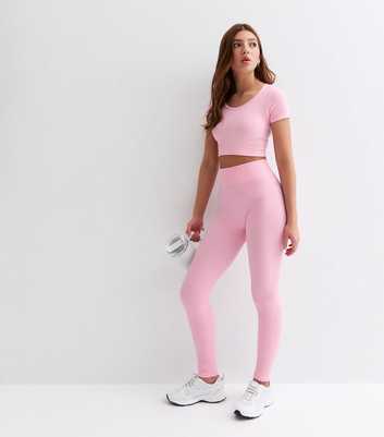 Girls Pink Ribbed Leggings