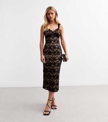 Petite Black Floral Lace Midi Dress