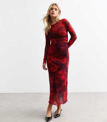 Petite Red Rose Print Mesh Midi Dress