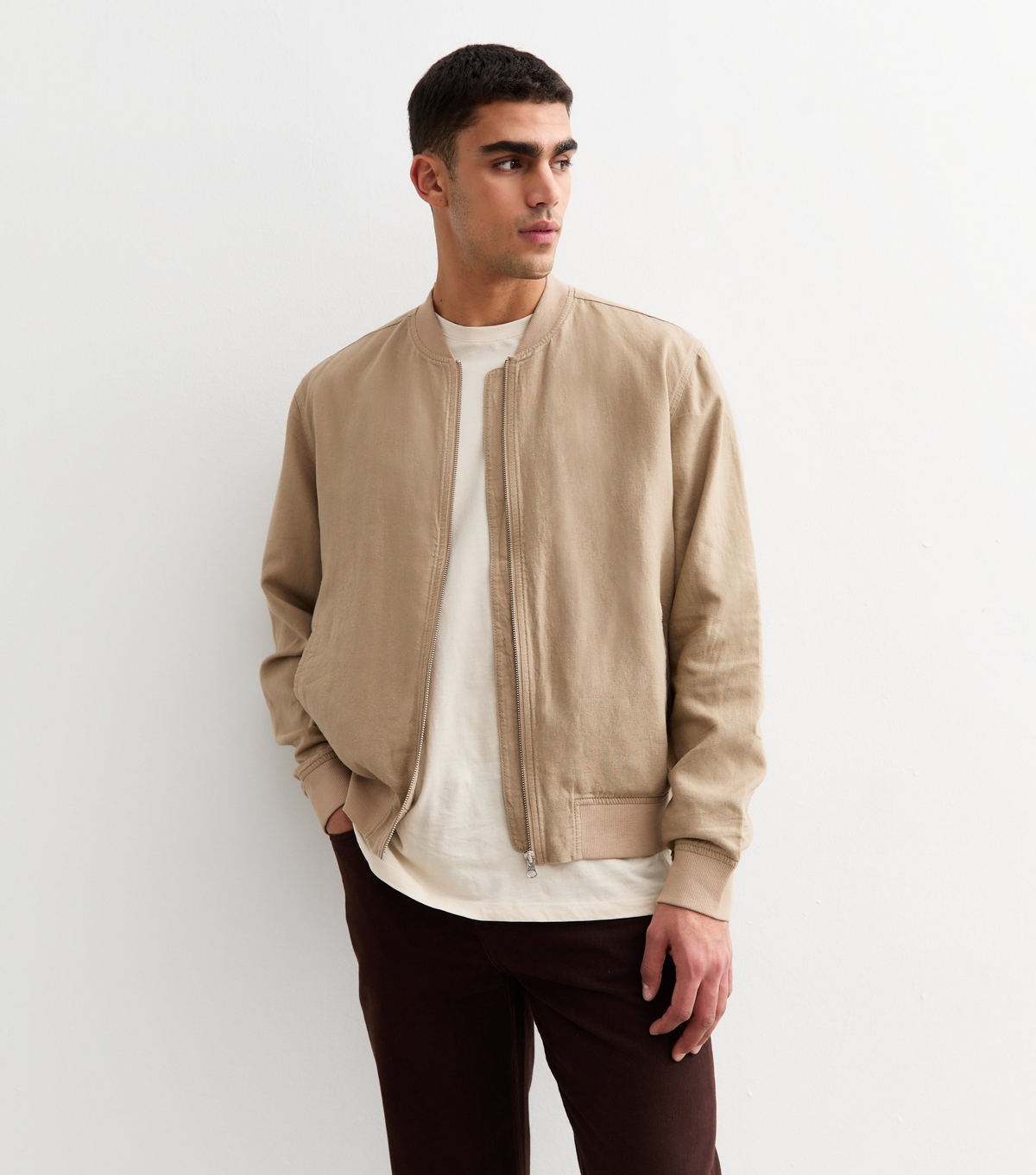 Men's Tan Regular Linen Blend Bomber Jacket New Look
