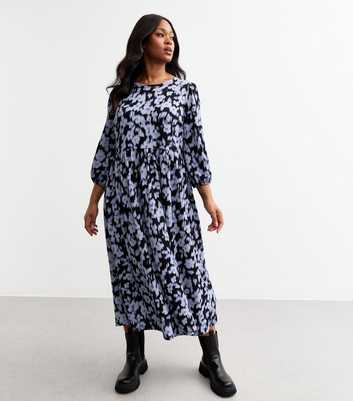 Curves Blue Floral Crinkled Jersey Midi Dress