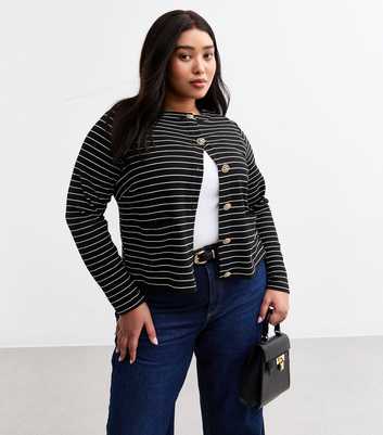 Curves Black Striped Button Detail Cardigan