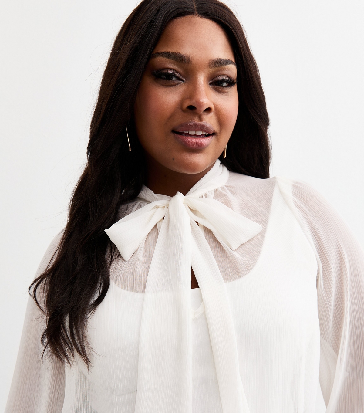 Women's Plus Size White Pussybow Crinkled Chiffon Blouse Curves New Look
