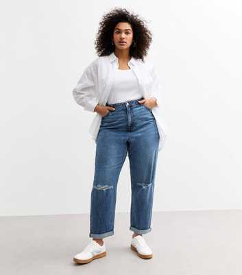 Curves Blue Ripped Mom Jeans