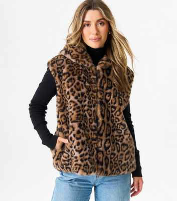 Gini London Brown Leopard Print Faux Fur Hooded Gilet