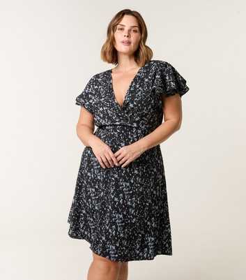 Blue Vanilla Black Abstract Print Frill Sleeve Mini Dress