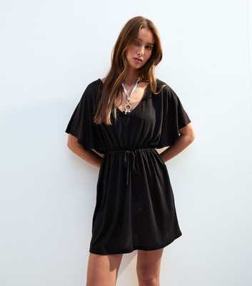 Black Drawstring Waist Jersey Kaftan Beach Dress